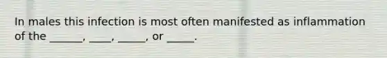 In males this infection is most often manifested as inflammation of the ______, ____, _____, or _____.