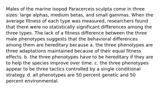 Males of the marine isopod Paracerceis sculpta come in three sizes: large alphas, medium betas, and small gammas. When the average fitness of each type was measured, researchers found that there were no statistically significant differences among the three types. The lack of a fitness difference between the three male phenotypes suggests that the behavioral differences among them are hereditary because a. the three phenotypes are three adaptations maintained because of their equal fitness effects. b. the three phenotypes have to be hereditary if they are to help the species improve over time. c. the three phenotypes appear to be three tactics controlled by a single conditional strategy. d. all phenotypes are 50 percent genetic and 50 percent environmental.