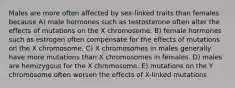 Males are more often affected by sex-linked traits than females because A) male hormones such as testosterone often alter the effects of mutations on the X chromosome. B) female hormones such as estrogen often compensate for the effects of mutations on the X chromosome. C) X chromosomes in males generally have more mutations than X chromosomes in females. D) males are hemizygous for the X chromosome. E) mutations on the Y chromosome often worsen the effects of X-linked mutations