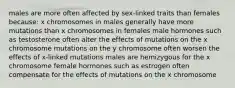 males are more often affected by sex-linked traits than females because: x chromosomes in males generally have more mutations than x chromosomes in females male hormones such as testosterone often alter the effects of mutations on the x chromosome mutations on the y chromosome often worsen the effects of x-linked mutations males are hemizygous for the x chromosome female hormones such as estrogen often compensate for the effects of mutations on the x chromosome