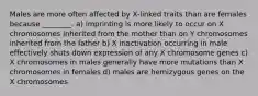 Males are more often affected by X-linked traits than are females because ________. a) imprinting is more likely to occur on X chromosomes inherited from the mother than on Y chromosomes inherited from the father b) X inactivation occurring in male effectively shuts down expression of any X chromosome genes c) X chromosomes in males generally have more mutations than X chromosomes in females d) males are hemizygous genes on the X chromosomes