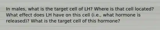 In males, what is the target cell of LH? Where is that cell located? What effect does LH have on this cell (i.e., what hormone is released)? What is the target cell of this hormone?