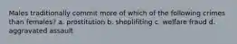 Males traditionally commit more of which of the following crimes than females? a. prostitution b. shoplifiting c. welfare fraud d. aggravated assault