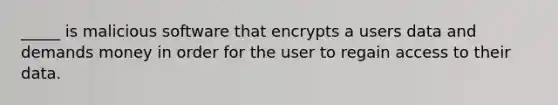 _____ is malicious software that encrypts a users data and demands money in order for the user to regain access to their data.