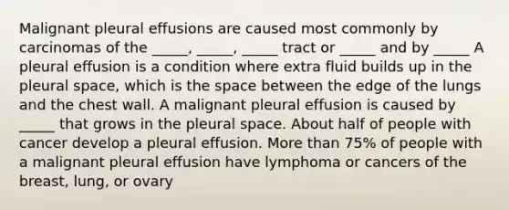 Malignant pleural effusions are caused most commonly by carcinomas of the _____, _____, _____ tract or _____ and by _____ A pleural effusion is a condition where extra fluid builds up in the pleural space, which is the space between the edge of the lungs and the chest wall. A malignant pleural effusion is caused by _____ that grows in the pleural space. About half of people with cancer develop a pleural effusion. More than 75% of people with a malignant pleural effusion have lymphoma or cancers of the breast, lung, or ovary