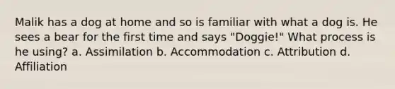 Malik has a dog at home and so is familiar with what a dog is. He sees a bear for the first time and says "Doggie!" What process is he using? a. Assimilation b. Accommodation c. Attribution d. Affiliation