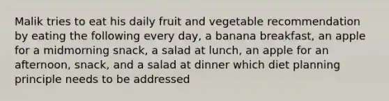 Malik tries to eat his daily fruit and vegetable recommendation by eating the following every day, a banana breakfast, an apple for a midmorning snack, a salad at lunch, an apple for an afternoon, snack, and a salad at dinner which diet planning principle needs to be addressed