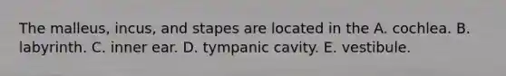 The malleus, incus, and stapes are located in the A. cochlea. B. labyrinth. C. inner ear. D. tympanic cavity. E. vestibule.