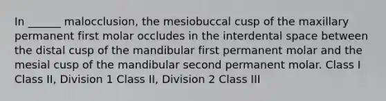 In ______ malocclusion, the mesiobuccal cusp of the maxillary permanent first molar occludes in the interdental space between the distal cusp of the mandibular first permanent molar and the mesial cusp of the mandibular second permanent molar. Class I Class II, Division 1 Class II, Division 2 Class III