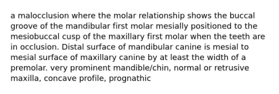 a malocclusion where the molar relationship shows the buccal groove of the mandibular first molar mesially positioned to the mesiobuccal cusp of the maxillary first molar when the teeth are in occlusion. Distal surface of mandibular canine is mesial to mesial surface of maxillary canine by at least the width of a premolar. very prominent mandible/chin, normal or retrusive maxilla, concave profile, prognathic