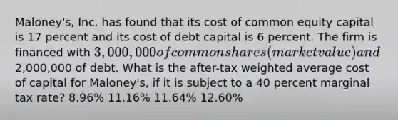 Maloney's, Inc. has found that its cost of common equity capital is 17 percent and its cost of debt capital is 6 percent. The firm is financed with 3,000,000 of common shares (market value) and2,000,000 of debt. What is the after-tax weighted average cost of capital for Maloney's, if it is subject to a 40 percent marginal tax rate? 8.96% 11.16% 11.64% 12.60%