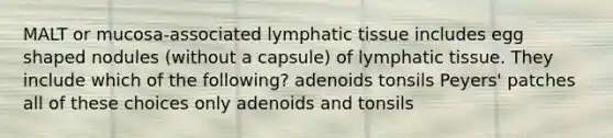 MALT or mucosa-associated lymphatic tissue includes egg shaped nodules (without a capsule) of lymphatic tissue. They include which of the following? adenoids tonsils Peyers' patches all of these choices only adenoids and tonsils