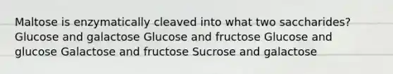 Maltose is enzymatically cleaved into what two saccharides? Glucose and galactose Glucose and fructose Glucose and glucose Galactose and fructose Sucrose and galactose