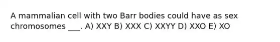 A mammalian cell with two Barr bodies could have as sex chromosomes ___. A) XXY B) XXX C) XXYY D) XXO E) XO