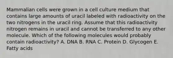 Mammalian cells were grown in a cell culture medium that contains large amounts of uracil labeled with radioactivity on the two nitrogens in the uracil ring. Assume that this radioactivity nitrogen remains in uracil and cannot be transferred to any other molecule. Which of the following molecules would probably contain radioactivity? A. DNA B. RNA C. Protein D. Glycogen E. Fatty acids