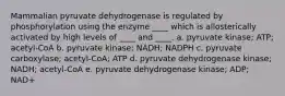 Mammalian pyruvate dehydrogenase is regulated by phosphorylation using the enzyme ____ which is allosterically activated by high levels of ____ and ____. a. pyruvate kinase; ATP; acetyl-CoA b. pyruvate kinase; NADH; NADPH c. pyruvate carboxylase; acetyl-CoA; ATP d. pyruvate dehydrogenase kinase; NADH; acetyl-CoA e. pyruvate dehydrogenase kinase; ADP; NAD+