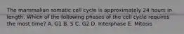 The mammalian somatic cell cycle is approximately 24 hours in length. Which of the following phases of the cell cycle requires the most time? A. G1 B. S C. G2 D. Interphase E. Mitosis