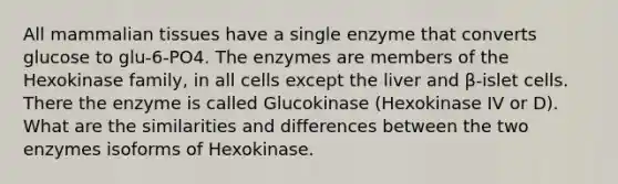 All mammalian tissues have a single enzyme that converts glucose to glu-6-PO4. The enzymes are members of the Hexokinase family, in all cells except the liver and β-islet cells. There the enzyme is called Glucokinase (Hexokinase IV or D). What are the similarities and differences between the two enzymes isoforms of Hexokinase.