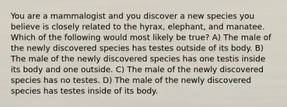 You are a mammalogist and you discover a new species you believe is closely related to the hyrax, elephant, and manatee. Which of the following would most likely be true? A) The male of the newly discovered species has testes outside of its body. B) The male of the newly discovered species has one testis inside its body and one outside. C) The male of the newly discovered species has no testes. D) The male of the newly discovered species has testes inside of its body.