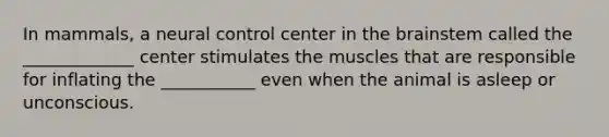 In mammals, a neural control center in the brainstem called the _____________ center stimulates the muscles that are responsible for inflating the ___________ even when the animal is asleep or unconscious.