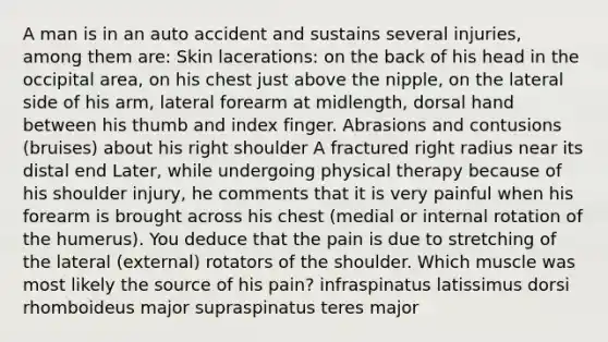 A man is in an auto accident and sustains several injuries, among them are: Skin lacerations: on the back of his head in the occipital area, on his chest just above the nipple, on the lateral side of his arm, lateral forearm at midlength, dorsal hand between his thumb and index finger. Abrasions and contusions (bruises) about his right shoulder A fractured right radius near its distal end Later, while undergoing physical therapy because of his shoulder injury, he comments that it is very painful when his forearm is brought across his chest (medial or internal rotation of the humerus). You deduce that the pain is due to stretching of the lateral (external) rotators of the shoulder. Which muscle was most likely the source of his pain? infraspinatus latissimus dorsi rhomboideus major supraspinatus teres major