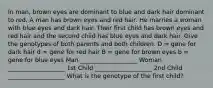 In man, brown eyes are dominant to blue and dark hair dominant to red. A man has brown eyes and red hair. He marries a woman with blue eyes and dark hair. Their first child has brown eyes and red hair and the second child has blue eyes and dark hair. Give the genotypes of both parents and both children. D = gene for dark hair d = gene for red hair B = gene for brown eyes b = gene for blue eyes Man ___________________ Woman ___________________ 1st Child ___________________ 2nd Child ___________________ What is the genotype of the first child?