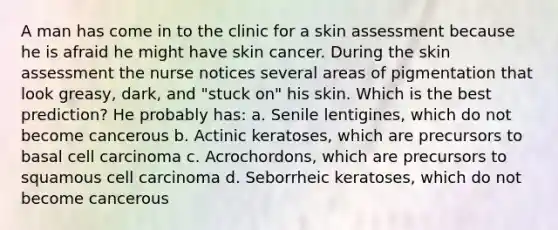 A man has come in to the clinic for a skin assessment because he is afraid he might have skin cancer. During the skin assessment the nurse notices several areas of pigmentation that look greasy, dark, and "stuck on" his skin. Which is the best prediction? He probably has: a. Senile lentigines, which do not become cancerous b. Actinic keratoses, which are precursors to basal cell carcinoma c. Acrochordons, which are precursors to squamous cell carcinoma d. Seborrheic keratoses, which do not become cancerous