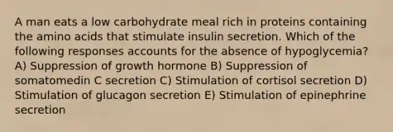 A man eats a low carbohydrate meal rich in proteins containing the amino acids that stimulate insulin secretion. Which of the following responses accounts for the absence of hypoglycemia? A) Suppression of growth hormone B) Suppression of somatomedin C secretion C) Stimulation of cortisol secretion D) Stimulation of glucagon secretion E) Stimulation of epinephrine secretion