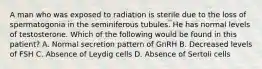 A man who was exposed to radiation is sterile due to the loss of spermatogonia in the seminiferous tubules. He has normal levels of testosterone. Which of the following would be found in this patient? A. Normal secretion pattern of GnRH B. Decreased levels of FSH C. Absence of Leydig cells D. Absence of Sertoli cells