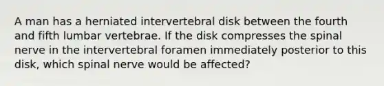 A man has a herniated intervertebral disk between the fourth and fifth lumbar vertebrae. If the disk compresses the spinal nerve in the intervertebral foramen immediately posterior to this disk, which spinal nerve would be affected?