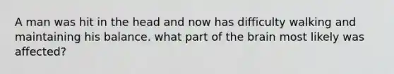 A man was hit in the head and now has difficulty walking and maintaining his balance. what part of <a href='https://www.questionai.com/knowledge/kLMtJeqKp6-the-brain' class='anchor-knowledge'>the brain</a> most likely was affected?