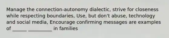 Manage the connection-autonomy dialectic, strive for closeness while respecting boundaries, Use, but don't abuse, technology and social media, Encourage confirming messages are examples of ______ __________ in families