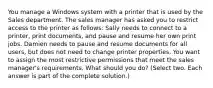 You manage a Windows system with a printer that is used by the Sales department. The sales manager has asked you to restrict access to the printer as follows: Sally needs to connect to a printer, print documents, and pause and resume her own print jobs. Damien needs to pause and resume documents for all users, but does not need to change printer properties. You want to assign the most restrictive permissions that meet the sales manager's requirements. What should you do? (Select two. Each answer is part of the complete solution.)