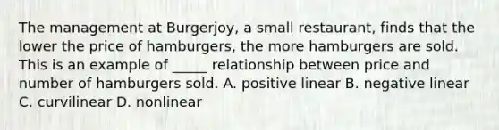 The management at Burgerjoy, a small restaurant, finds that the lower the price of hamburgers, the more hamburgers are sold. This is an example of _____ relationship between price and number of hamburgers sold. A. positive linear B. negative linear C. curvilinear D. nonlinear