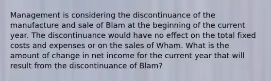 Management is considering the discontinuance of the manufacture and sale of Blam at the beginning of the current year. The discontinuance would have no effect on the total fixed costs and expenses or on the sales of Wham. What is the amount of change in net income for the current year that will result from the discontinuance of Blam?