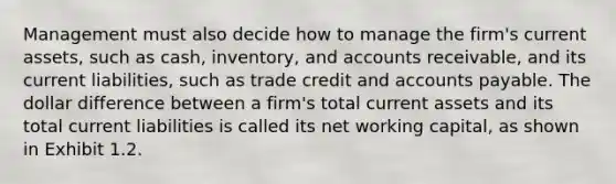 Management must also decide how to manage the firm's current assets, such as cash, inventory, and accounts receivable, and its current liabilities, such as trade credit and accounts payable. The dollar difference between a firm's total current assets and its total current liabilities is called its net working capital, as shown in Exhibit 1.2.