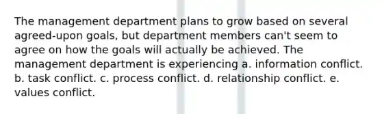 The management department plans to grow based on several agreed-upon goals, but department members can't seem to agree on how the goals will actually be achieved. The management department is experiencing a. information conflict. b. task conflict. c. process conflict. d. relationship conflict. e. values conflict.