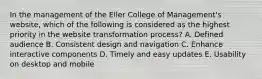 In the management of the Eller College of Management's website, which of the following is considered as the highest priority in the website transformation process? A. Defined audience B. Consistent design and navigation C. Enhance interactive components D. Timely and easy updates E. Usability on desktop and mobile