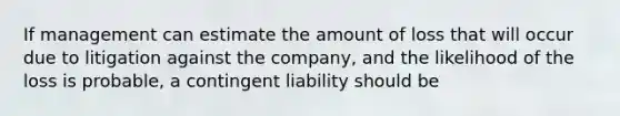 If management can estimate the amount of loss that will occur due to litigation against the company, and the likelihood of the loss is probable, a contingent liability should be