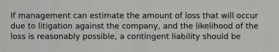 If management can estimate the amount of loss that will occur due to litigation against the company, and the likelihood of the loss is reasonably possible, a contingent liability should be