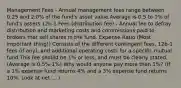 Management Fees - Annual management fees range between 0.25 and 2.0% of the fund's asset value Average is 0.5 to 1% of fund's assets 12b-1 Fees (distribution fee) - Annual fee to defray distribution and marketing costs and commissions paid to brokers that sell shares in the fund. Expense Ratio (Most important thing!) Consists of the different contingent fees, 12b-1 fees (if any), and additional operating costs for a specific mutual fund This fee should be 1% or less, and must be clearly stated. (Average is 0.5%-1%) Why would anyone pay more than 1%? (If a 1% expense fund returns 4% and a 3% expense fund returns 10%. Look at net.....)