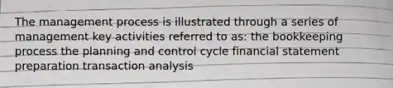 The management process is illustrated through a series of management key activities referred to as: the bookkeeping process the planning and control cycle financial statement preparation transaction analysis