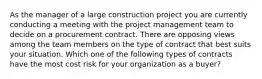 As the manager of a large construction project you are currently conducting a meeting with the project management team to decide on a procurement contract. There are opposing views among the team members on the type of contract that best suits your situation. Which one of the following types of contracts have the most cost risk for your organization as a buyer?