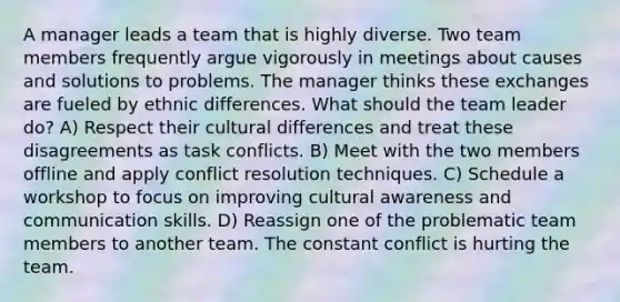 A manager leads a team that is highly diverse. Two team members frequently argue vigorously in meetings about causes and solutions to problems. The manager thinks these exchanges are fueled by ethnic differences. What should the team leader do? A) Respect their cultural differences and treat these disagreements as task conflicts. B) Meet with the two members offline and apply conflict resolution techniques. C) Schedule a workshop to focus on improving cultural awareness and communication skills. D) Reassign one of the problematic team members to another team. The constant conflict is hurting the team.