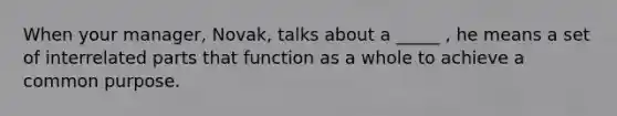 When your manager, Novak, talks about a _____ , he means a set of interrelated parts that function as a whole to achieve a common purpose.