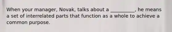 When your manager, Novak, talks about a __________, he means a set of interrelated parts that function as a whole to achieve a common purpose.