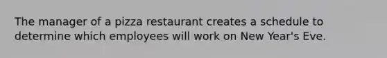 The manager of a pizza restaurant creates a schedule to determine which employees will work on New Year's Eve.