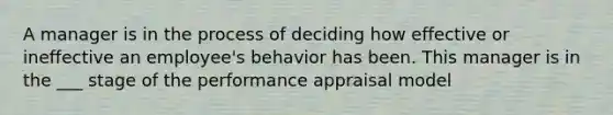 A manager is in the process of deciding how effective or ineffective an employee's behavior has been. This manager is in the ___ stage of the performance appraisal model