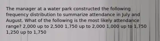 The manager at a water park constructed the following frequency distribution to summarize attendance in July and August. What of the following is the most likely attendance range? 2,000 up to 2,500 1,750 up to 2,000 1,000 up to 1,750 1,250 up to 1,750