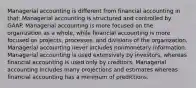 Managerial accounting is different from financial accounting in that: Managerial accounting is structured and controlled by GAAP. Managerial accounting is more focused on the organization as a whole, while financial accounting is more focused on projects, processes, and divisions of the organization. Managerial accounting never includes nonmonetary information. Managerial accounting is used extensively by investors, whereas financial accounting is used only by creditors. Managerial accounting includes many projections and estimates whereas financial accounting has a minimum of predictions.